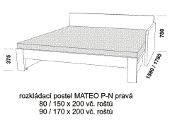 Rozkládací postel Mateo P-N pravá - rozložená. Rozměrový nákres. Provedení: LTD. Do postelí lze použít matrace ve variantě sedák a opěrák nebo 3-dílnou matraci.