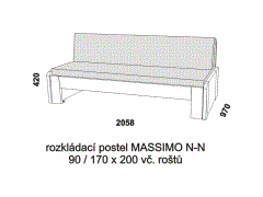 Rozkládací postel Massimo N-N z masivu – složená. Rozměrový nákres. Do postelí lze použít systém matrací sedák a opěrák nebo 3dílnou matraci.