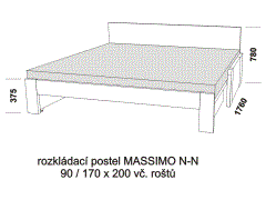 Rozkládací postel Massimo N-N z masivu – rozložená. Rozměrový nákres. Do postelí lze použít systém matrací sedák a opěrák nebo 3dílnou matraci.