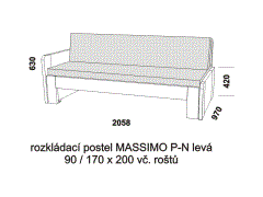 Rozkládací postel Massimo P-N levá z masivu – složená. Rozměrový nákres. Do postelí lze použít systém matrací sedák a opěrák nebo 3dílnou matraci.