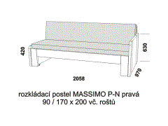 Rozkládací postel Massimo P-N pravá z masivu – složená. Rozměrový nákres. Do postelí lze použít systém matrací sedák a opěrák nebo 3dílnou matraci.