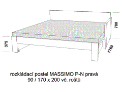 Rozkládací postel Massimo P-N pravá z masivu – rozložená. Rozměrový nákres. Do postelí lze použít systém matrací sedák a opěrák nebo 3dílnou matraci.