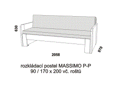 Rozkládací postel Massimo P-P z masivu – složená. Rozměrový nákres. Do postelí lze použít systém matrací sedák a opěrák nebo 3dílnou matraci.