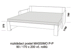 Rozkládací postel Massimo P-P z masivu – rozložená. Rozměrový nákres. Do postelí lze použít systém matrací sedák a opěrák nebo 3dílnou matraci.