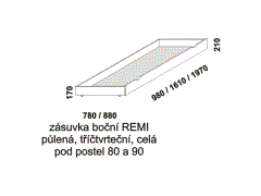 Zásuvka pod postel boční Remi - rozměrový nákres. Provedení: masivní smrk. Česká výroba. Vysoká kvalita. Zásuvka je opatřena kolečky.
