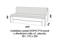 Rozkládací postel Dopio P-N pravá z masivu – složená. Rozměrový nákres. Do postelí lze použít systém matrací sedák a opěrák nebo 3-dílnou matraci.