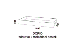 Zásuvka pod rozkládací postel Dopio z masivu – rozměrový nákres. Praktický úložný prostor. Český výrobek. Vysoká kvalita.