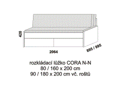 Rozkládací postel Cora N-N - složená. Rozměrový nákres. Provedení LTD. Do postelí lze použít systém matrací sedák a opěrák nebo 3-dílnou matraci.