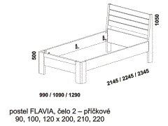 Jednopostel Flavia - rozměrový nákres. Provedení: masivní buk, dub. Moderní postel s příčkovým čelem. Více barevných odstínů. Vysoká kvalita.