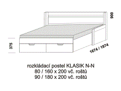 Rozkládací postel Klasik N-N - rozložená. Rozměrový nákres. Provedení LTD. Do postelí lze použít systém matrací sedák a opěrák nebo 3-dílnou matraci.