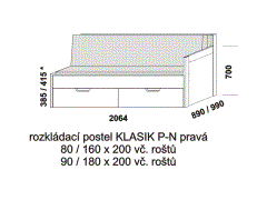 Rozkládací postel Klasik P-N pravá - složená. Rozměrový nákres. Provedení LTD. Do postelí lze použít systém matrací sedák a opěrák nebo 3-dílnou matraci.