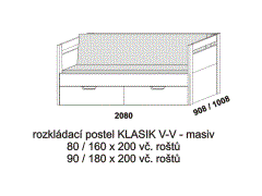 Rozkládací postel Klasik V-V z masivu - složená. Rozměrový nákres. Do postelí lze použít systém matrací sedák a opěrák nebo 3-dílnou matraci.