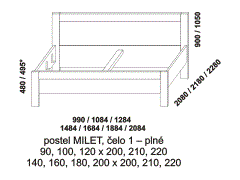 Postel Milet z masivního dřeva - rozměrový nákres. Provedení: masivní buk, dub. Plné čelo. Rovné nebo zaoblené rohy čel postele. Vysoká kvalita.