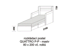 Rozkládací postel Quattro P-P z masivu - rozložená. Šíře 80 cm. Rozměrový nákres. Do postelí lze použít 4-dílnou matraci. Česká výroba.