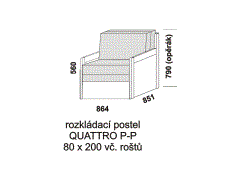 Rozkládací postel Quattro P-P - složená. Šíře 80 cm. Rozměrový nákres. Provedení: LTD. Do postelí lze použít 4-dílnou matraci. Česká výroba.