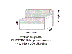 Rozkládací postel Quattro P-N pravá z masivu - složená. Rozměrový nákres. Do postelí lze použít 4-dílnou matraci. Česká výroba.