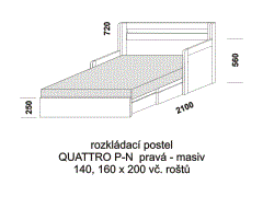 Rozkládací postel Quattro P-N pravá z masivu - rozložená. Rozměrový nákres. Do postelí lze použít 4-dílnou matraci. Česká výroba.