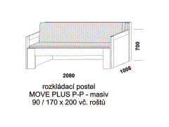 Rozkládací postel Move Plus P-P z masivu - složená. Rozměrový nákres. Do postelí lze použít systém matrací sedák a opěrák nebo 3-dílnou matraci.