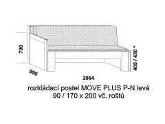 Rozkládací postel Move Plus P-N levá - složená. Rozměrový nákres. Provedení LTD. Do postelí lze použít systém matrací sedák a opěrák nebo 3-dílnou matraci.