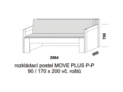 Rozkládací postel Move Plus P-P - složená. Rozměrový nákres. Provedení LTD. Do postelí lze použít systém matrací sedák a opěrák nebo 3-dílnou matraci.