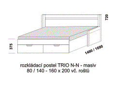 Rozkládací postel Trio N-N z masivu - rozložená. Šíře 80 cm. Rozměrový nákres. Do postelí lze použít systém matrací sedák a opěrák nebo 3-dílnou matraci.