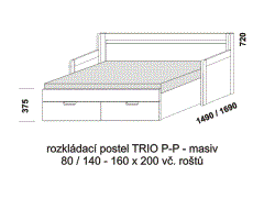 Rozkládací postel Trio P-P z masivu - rozložená. Šíře 80 cm. Rozměrový nákres. Do postelí lze použít systém matrací sedák a opěrák nebo 3-dílnou matraci.