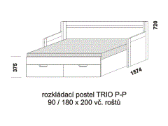 Rozkládací postel Trio P-P - rozložená. Šíře 90 cm. Rozměrový nákres. Provedení: LTD. Do postelí lze použít systém matrací sedák a opěrák nebo 3-dílnou matraci.