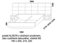 Postel Alison z masivu, s úložným prostorem – rozměrový nákres. Čelo rozšířené čalouněné. Včetně nočních stolků. Provedení: buk. Český kvalitní výrobek.