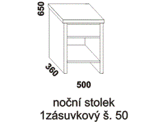 Noční stolek Rita jednozásuvkový – rozměrový nákres. Provedení: masivní buk, dub. Kvalitní zpracování. Česká výroba.
