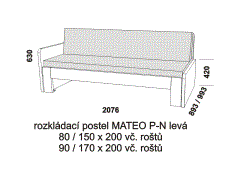 Rozkládací postel Mateo P-N levá - složená. Rozměrový nákres. Provedení: LTD. Do postelí lze použít matrace ve variantě sedák a opěrák nebo 3-dílnou matraci.