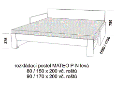 Rozkládací postel Mateo P-N levá - rozložená. Rozměrový nákres. Provedení: LTD. Do postelí lze použít matrace ve variantě sedák a opěrák nebo 3-dílnou matraci.