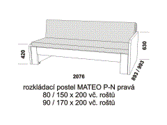 Rozkládací postel Mateo P-N pravá - složená. Rozměrový nákres. Provedení: LTD. Do postelí lze použít matrace ve variantě sedák a opěrák nebo 3-dílnou matraci.