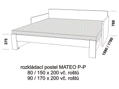 Rozkládací postel Mateo P-P - rozložená. Rozměrový nákres. Provedení: LTD. Do postelí lze použít matrace ve variantě sedák a opěrák nebo 3-dílnou matraci.