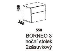 Noční stolek Borneo dvouzásuvkový – rozměrový nákres. Provedení: masivní malajský dub. Povrchová úprava: olej. Více barevných odstínů.