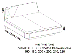 Postel Celebes z masivu – rozměrový nákres. Čelo včetně frézování. Vysoká kvalita. Provedení: masivní malajský dub. Více barevných odstínů. Česká výroba.