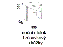 Noční stolek Melaka 1zásuvkový – rozměrový nákres. Zásuvka s drážkami. Provedení: masivní malajský dub. Více barevných odstínů. Česká výroba.