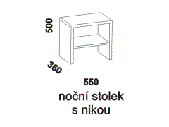 Noční stolek Melaka s nikou – rozměrový nákres. Zásuvka s drážkami. Provedení: masivní malajský dub. Více barevných odstínů. Česká výroba.