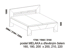 Postel Melaka z masivu – rozměrový nákres. Čelo dřevěné. Vysoká kvalita. Provedení: masivní malajský dub. Více barevných odstínů. Česká výroba.