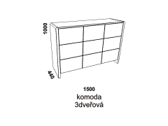 Komoda Sulawe 3dveřová – rozměrový nákres. Provedení: masivní malajský dub. Více barevných odstínů. Kvalitní konstrukce. Český výrobek.