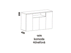 Komoda Sulawe 4dveřová – rozměrový nákres. Provedení: masivní malajský dub. Více barevných odstínů. Kvalitní konstrukce. Český výrobek.