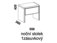 Noční stolek Sulawe jednozásuvkový – rozměrový nákres. Provedení: masivní malajský dub. Povrchová úprava: olej. Více barevných odstínů.