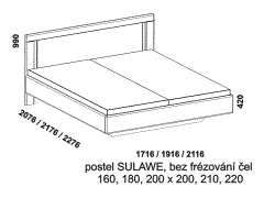Postel Sulawe z masivu – rozměrový nákres. Čela bez frézování. Vysoká kvalita. Provedení: masivní malajský dub. Více barevných odstínů. Česká výroba.