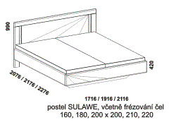 Postel Sulawe z masivu – rozměrový nákres. Čela včetně frézování. Vysoká kvalita. Provedení: masivní malajský dub. Více barevných odstínů. Česká výroba.