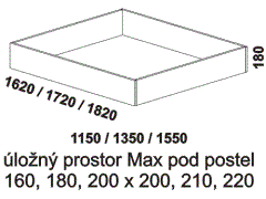 Úložný prostor Max Sulawe – rozměrový nákres. Provedení: masivní malajský dub. Do lůžka doporučujeme použít rošt s odklápěním.