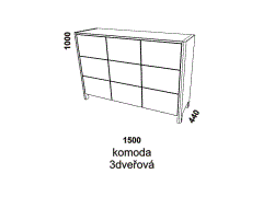 Komoda Sumatra 3dveřová – rozměrový nákres. Provedení: masivní malajský dub. Více barevných odstínů. Kvalitní konstrukce. Český výrobek.