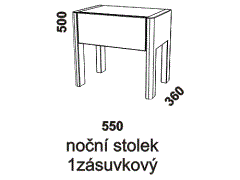 Noční stolek Sumatra jednozásuvkový – rozměrový nákres. Provedení: masivní malajský dub. Povrchová úprava: olej. Více barevných odstínů. Česká výroba.