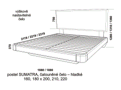 Postel Sumatra s čalouněným čelem z masivu – rozměrový nákres. Čelo hladké. Provedení: masivní malajský dub. Více barevných odstínů. Česká výroba.