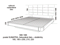Postel Sumatra s čalouněným čelem z masivu – rozměrový nákres. Čelo obdélníky. Provedení: masivní malajský dub. Více barevných odstínů. Česká výroba.