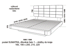 Postel Sumatra s dřevěným čelem z masivu – rozměrový nákres. Drážky do kraje. Provedení: masivní malajský dub. Více barevných odstínů. Česká výroba.