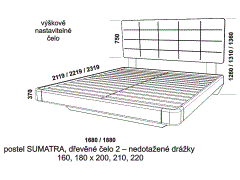 Postel Sumatra s dřevěným čelem z masivu – rozměrový nákres. Nedotažené drážky. Provedení: masivní malajský dub. Více barevných odstínů. Česká výroba.